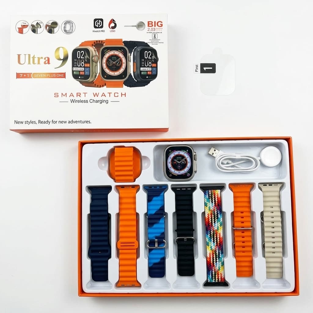 Smartwatch Ultra 9 (7+1 Edition) | Display 2.03” HD, Chiamate Bluetooth, 7 Cinturini Inclusi, Ricarica Wireless - foto 2