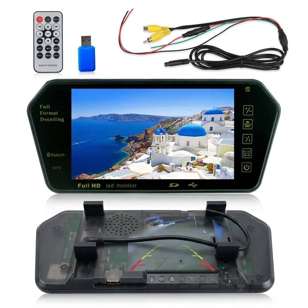 Specchietto Retrovisore con Schermo LCD 7” Full HD | Monitor Retrocamera Auto – Bluetooth, USB, SD, Telecomando