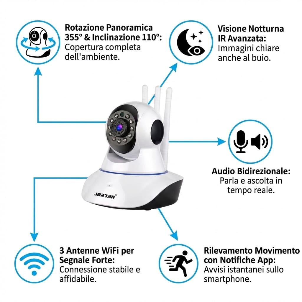 Benefici Telecamera WiFi 1080P JORTAN | Visione Notturna, Audio Bidirezionale e Rotazione Panoramica 355° – 3 Antenne WiFi