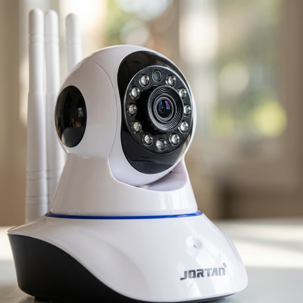 Dettaglio Telecamera WiFi 1080P JORTAN | Visione Notturna, Audio Bidirezionale e Rotazione Panoramica 355° – 3 Antenne WiFi