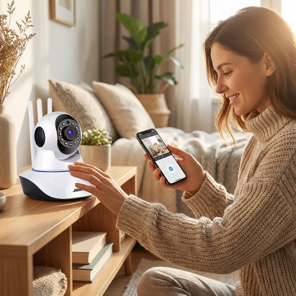 Telecamera WiFi 1080P JORTAN | Visione Notturna, Audio Bidirezionale e Rotazione Panoramica 355° – 3 Antenne WiFi in uso