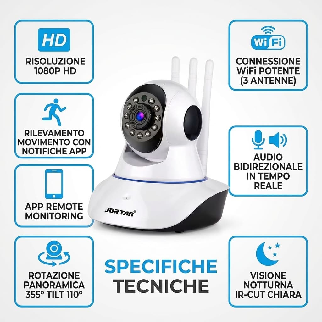Specifiche Telecamera WiFi 1080P JORTAN | Visione Notturna, Audio Bidirezionale e Rotazione Panoramica 355° – 3 Antenne WiFi