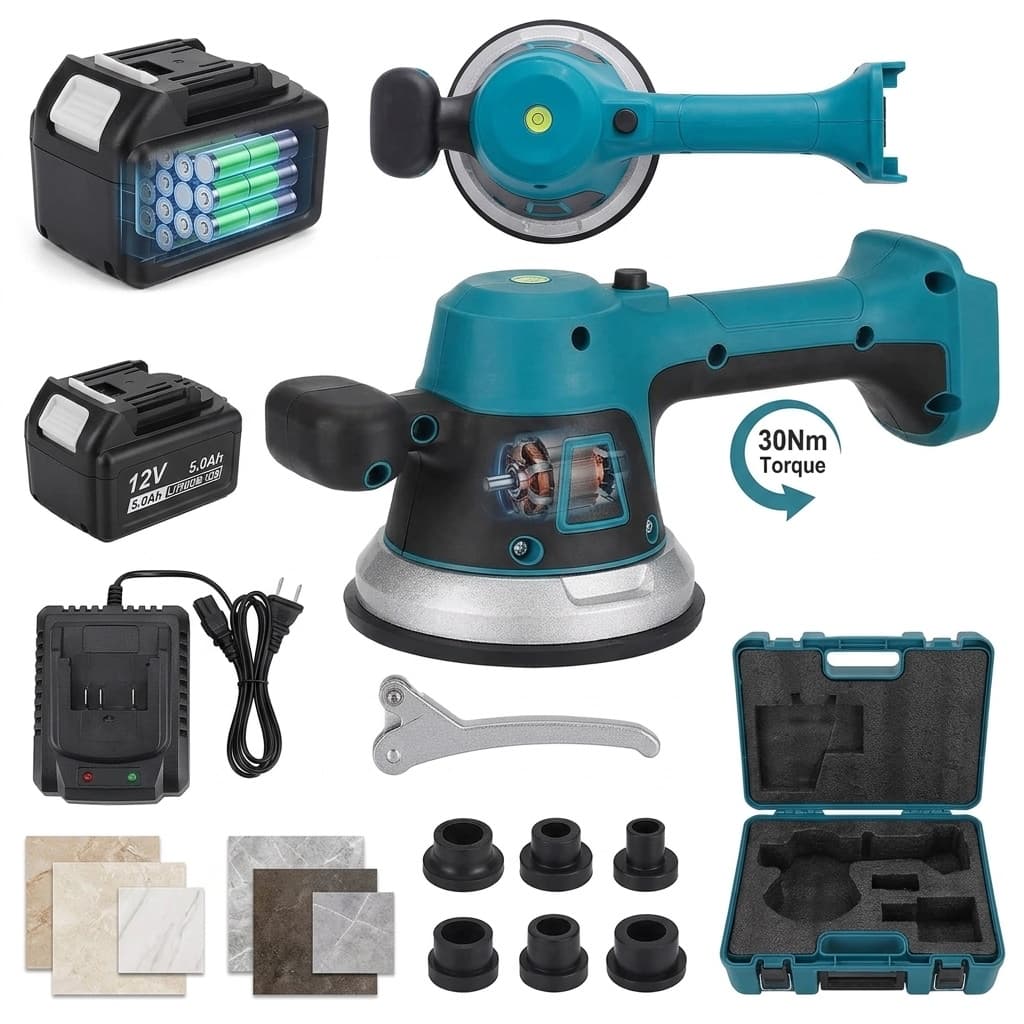 Vibratore per Piastrelle Elettrico 12V Brushless – Livellatrice per Pavimenti e Rivestimenti con Batteria al Litio 5.0Ah | Coppia 30Nm | Ø240mm