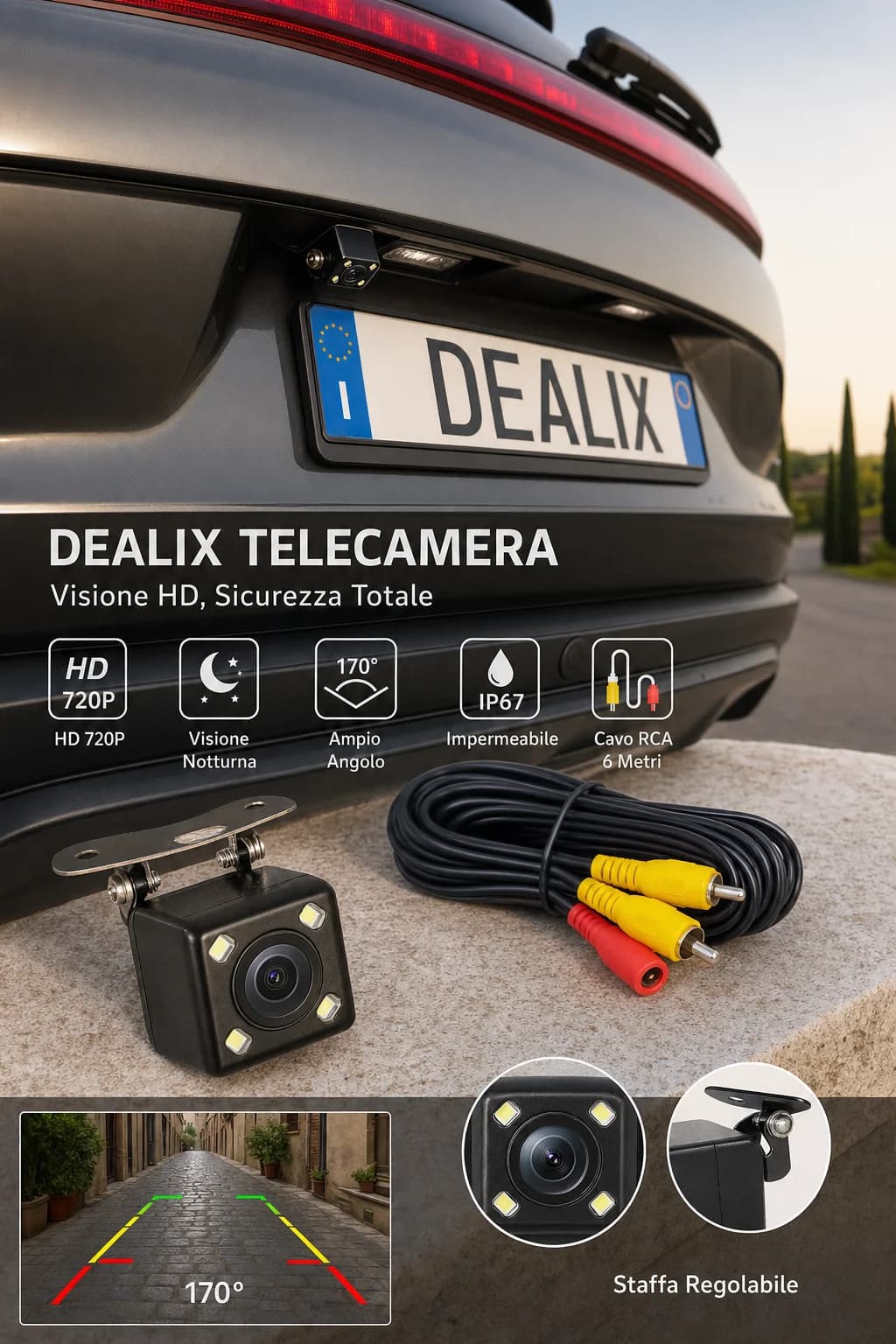 Telecamera Posteriore per Auto Dealix | Retrocamera Universale RCA 12V – Visione Notturna e Grandangolo HD - foto 2